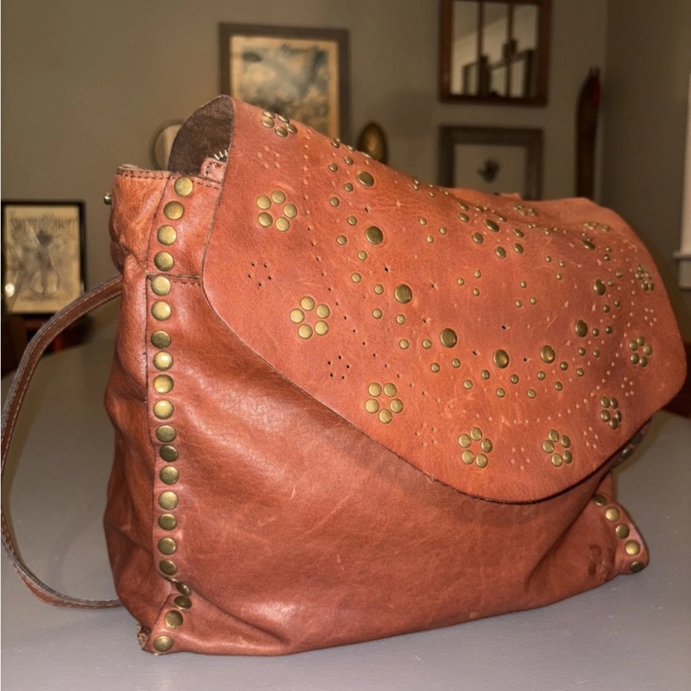 Patricia Nash Brown Leather Shoulder Bag with Floral Studs